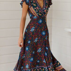 Pretty Garden Maxi Dress tie waist Size M